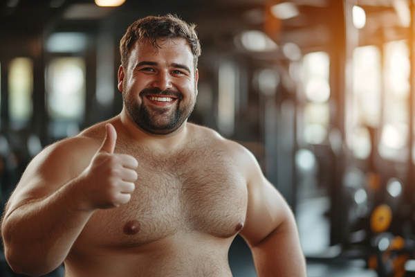 overweight man after workout with shirt off giving thumbs up